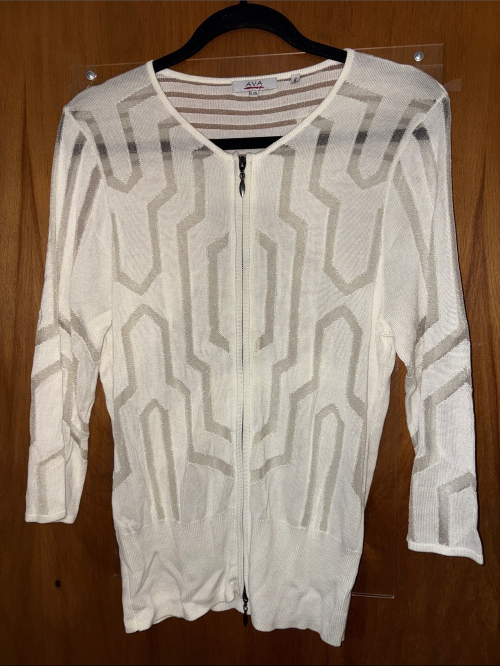 AVA White Zip-Front Geometric Knit Sweater with Sheer Cutouts